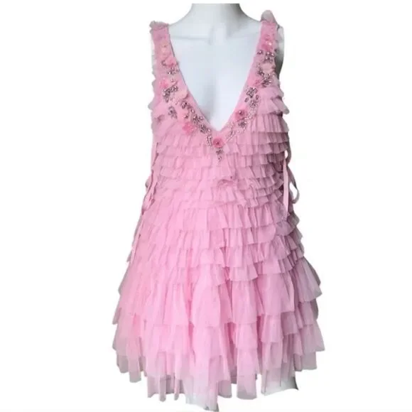 LoveShackFancy Pink Sleeveless v-Neckline Minya Mini Dress Size 4 - Picture 8 of 12